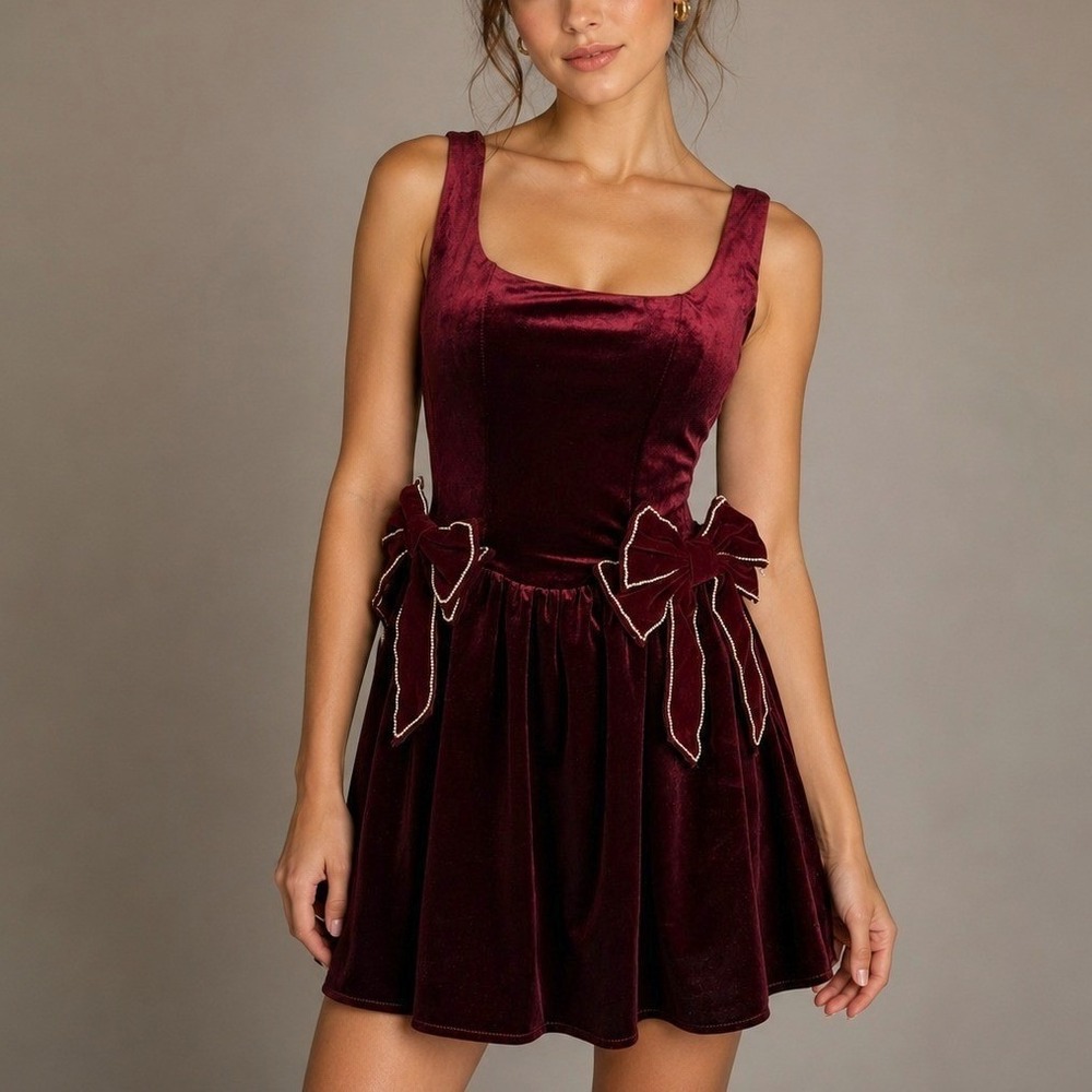 NWT All In Favor Velvet Bow Dress Coquette Balletcore Dollcore Burgundy S